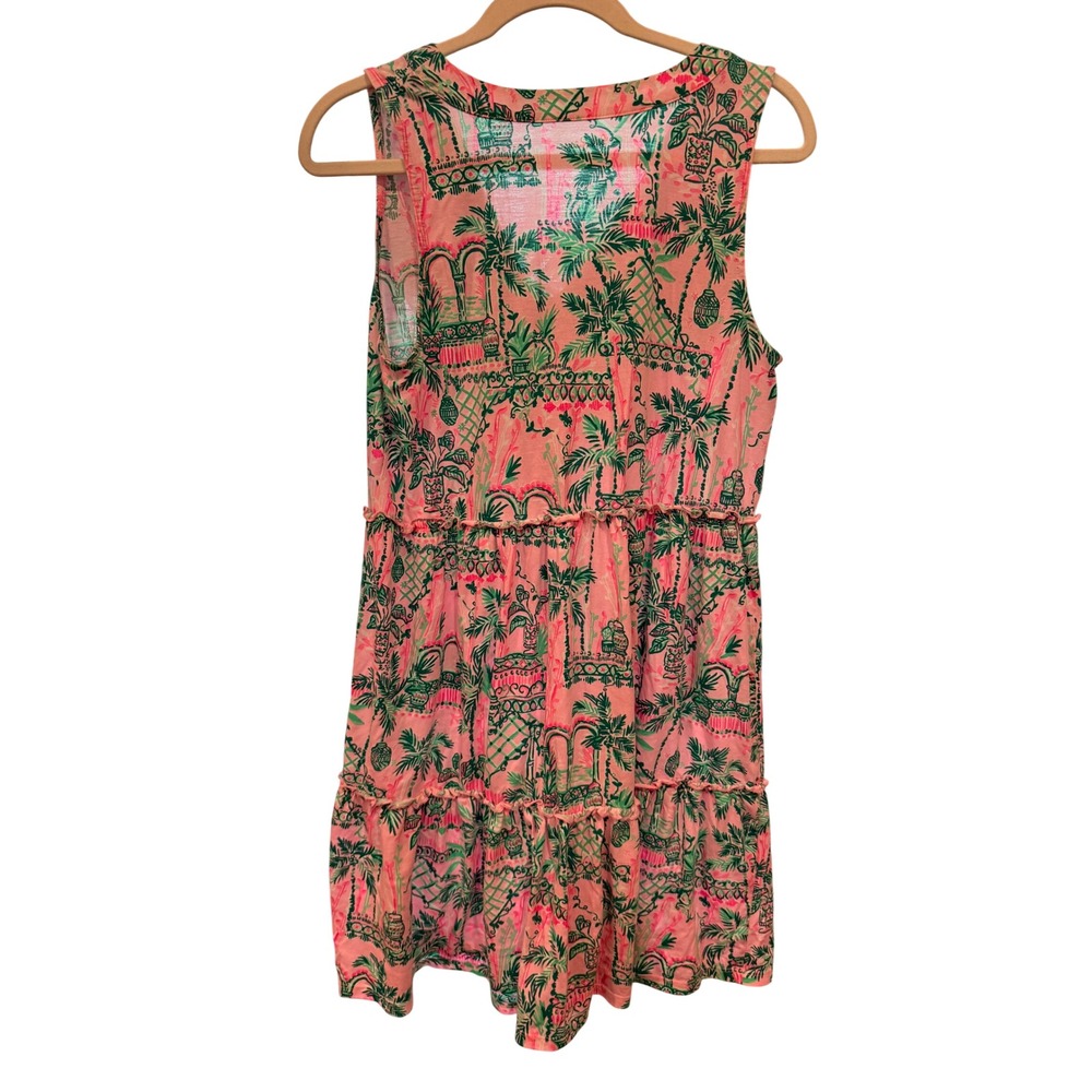 Lilly Pulitzer Pink Green Tropical Palm Tree Tiered V-Neck Mini Dress Medium